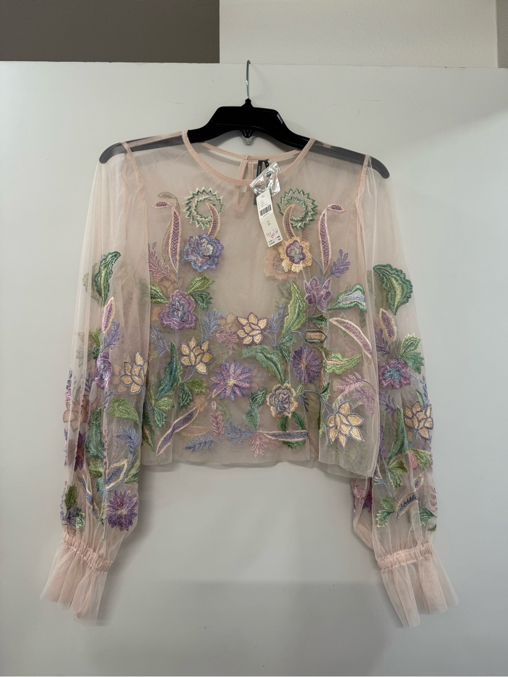 Anthropologie Purple Floral Embroidered Sheer Long-Sleeve Top NWT